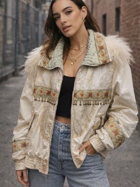 Vintage J. Gallery Puffer Jacket Large Beige Retro Bomber 80s. Rare. Bella